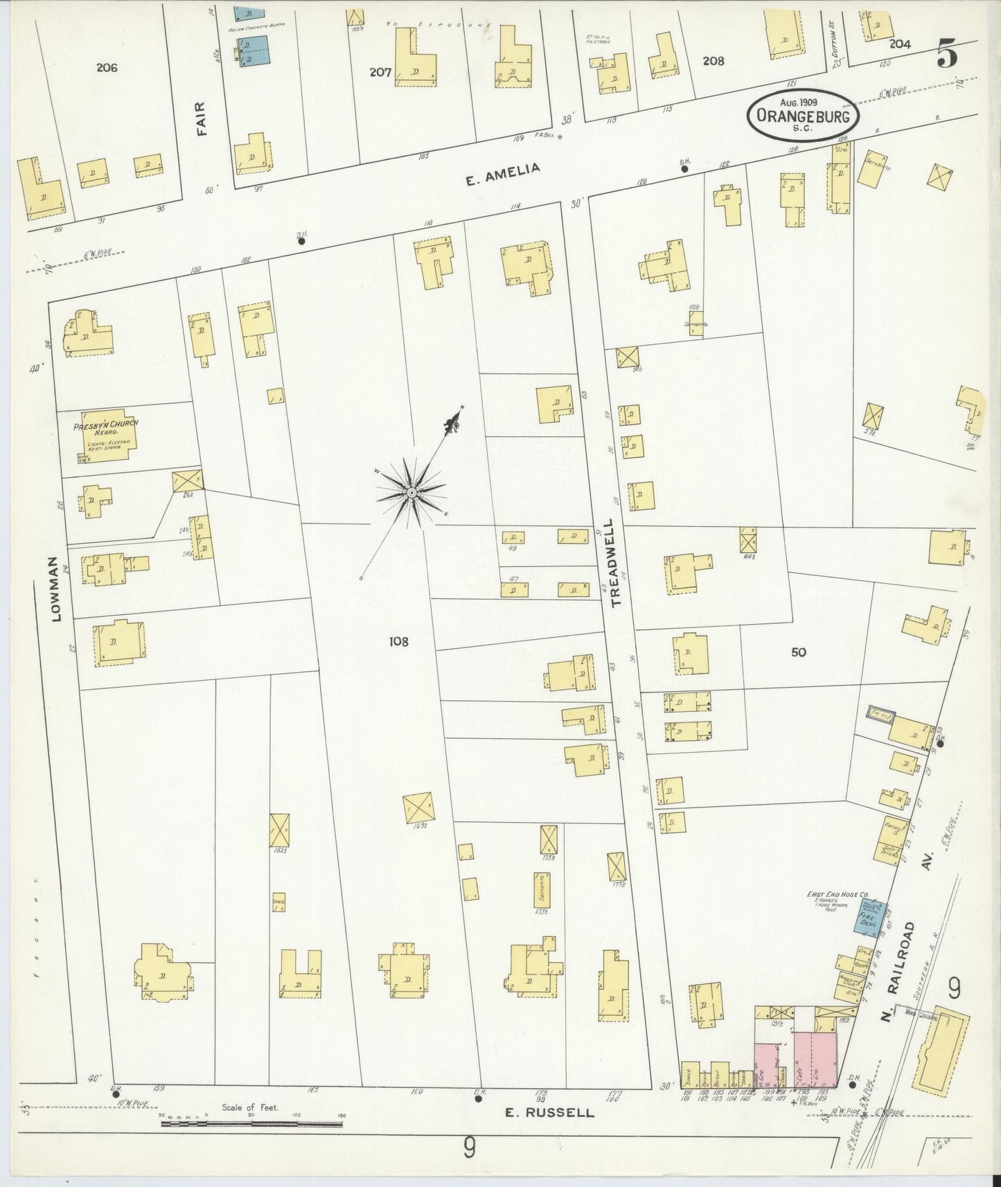 Sanborn Fire Insurance Map from Orangeburg, Orangeburg County, South Carolina (1909), Sheet #0005 - Complete Map Set gallery image, historic Sanborn map, vintage wall art, South Carolina South Carolina