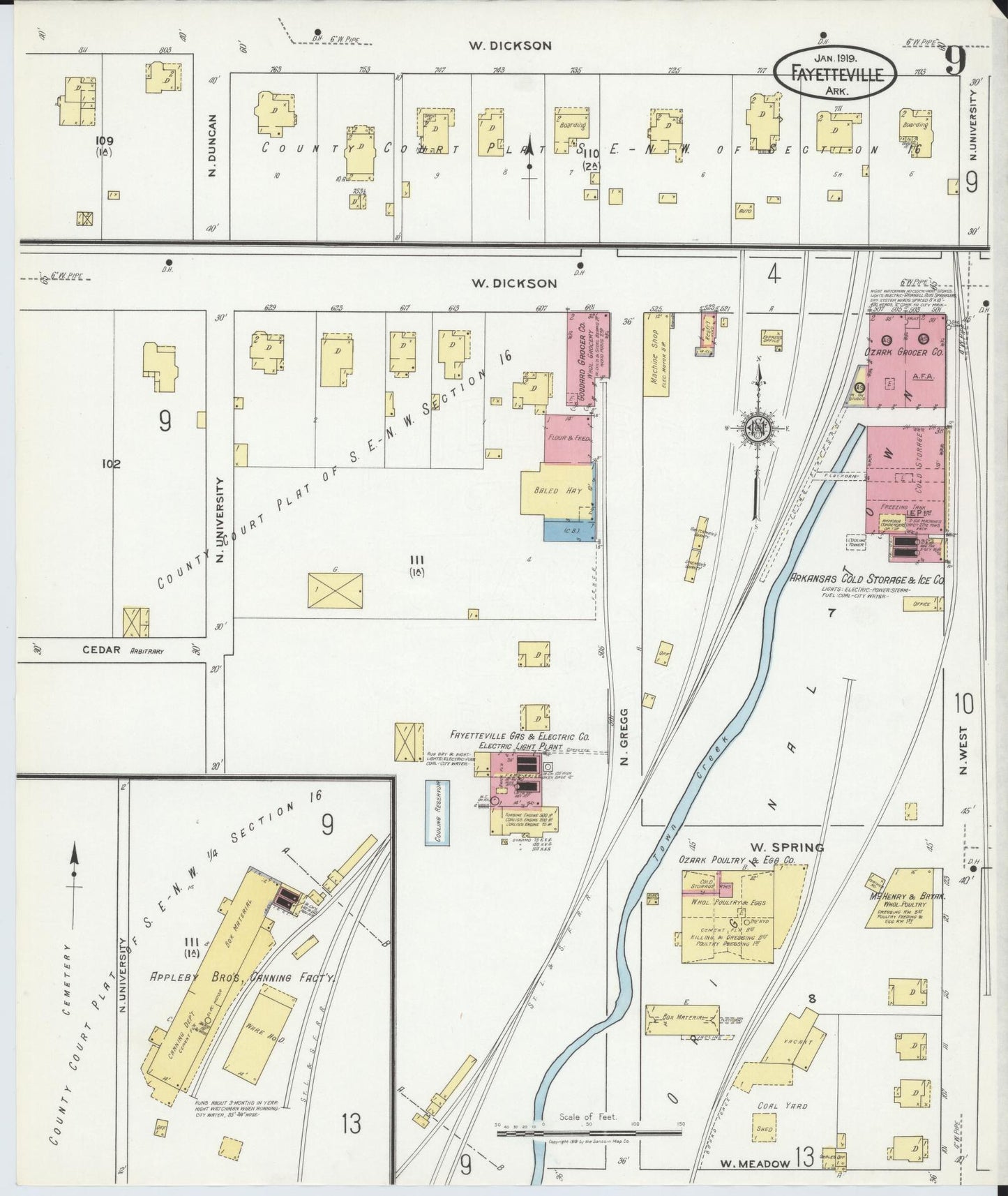 Sanborn Fire Insurance Map from Fayetteville, Washington County, Arkansas (1919), Sheet #0009 - Historic Sanborn Fire Insurance Map Print, vintage old map wall art, antique decor, genealogy gift, Arkansas Arkansas map