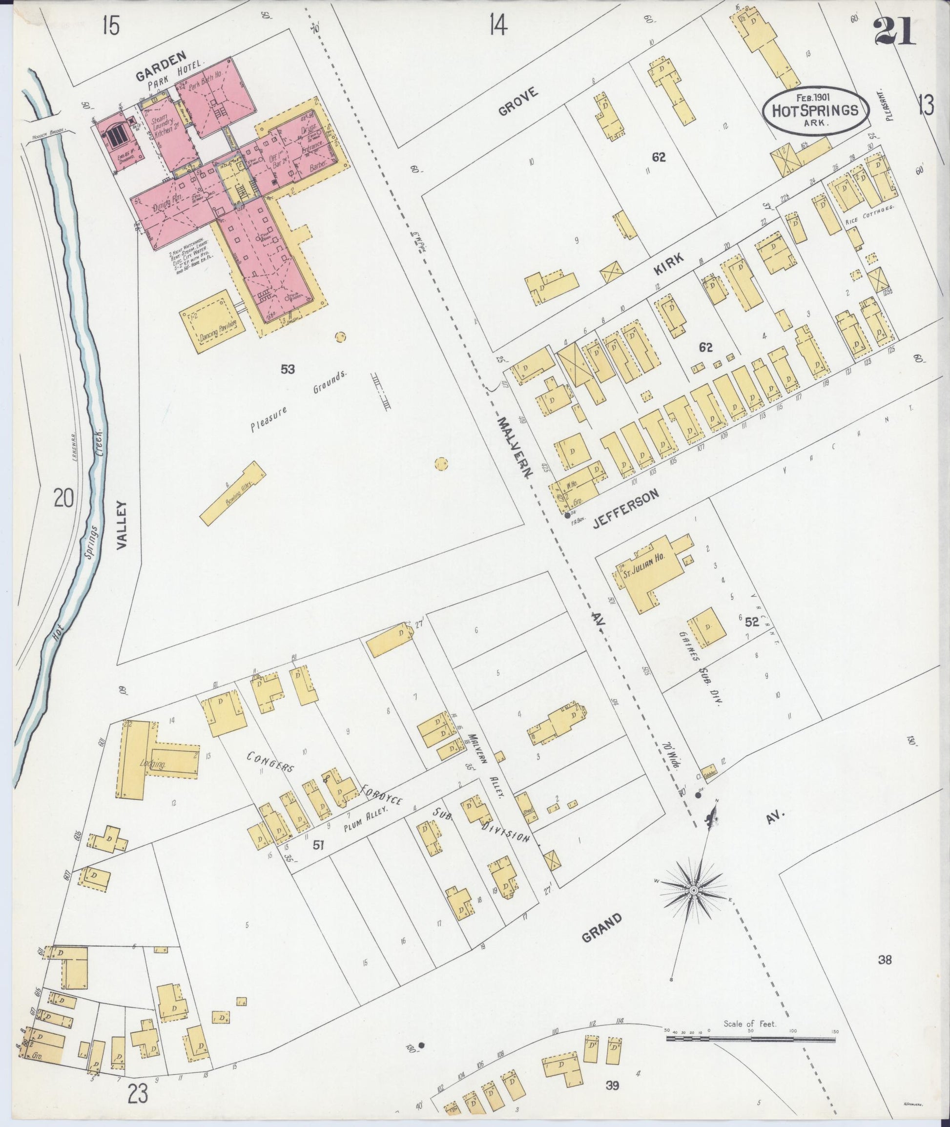 Sanborn Fire Insurance Map from Hot Springs, Garland County, Arkansas (1901), Sheet #0021 - Complete Map Set gallery image, historic Sanborn map, vintage wall art, Arkansas Arkansas
