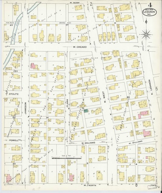 Sanborn Fire Insurance Map from Lebanon, Boone County, Indiana (1909), Sheet #0004 - Historic Sanborn Fire Insurance Map Print, vintage old map wall art, antique decor, genealogy gift, Indiana Indiana map