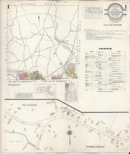 Sanborn Fire Insurance Map from Blackstone, Worcester County, Massachusetts (1948), Sheet #0001 - Historic Sanborn Fire Insurance Map Print, vintage old map wall art, antique decor, genealogy gift, Massachusetts Massachusetts map