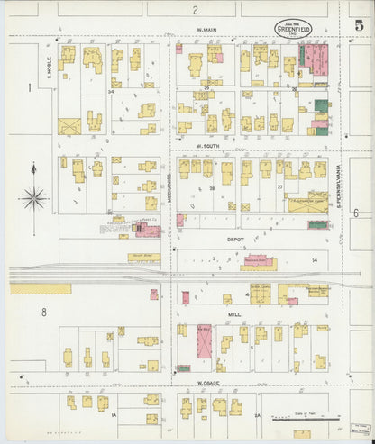 Sanborn Fire Insurance Map from Greenfield, Hancock County, Indiana (1906), Sheet #0005 - Historic Sanborn Fire Insurance Map Print, vintage old map wall art, antique decor, genealogy gift, Indiana Indiana map