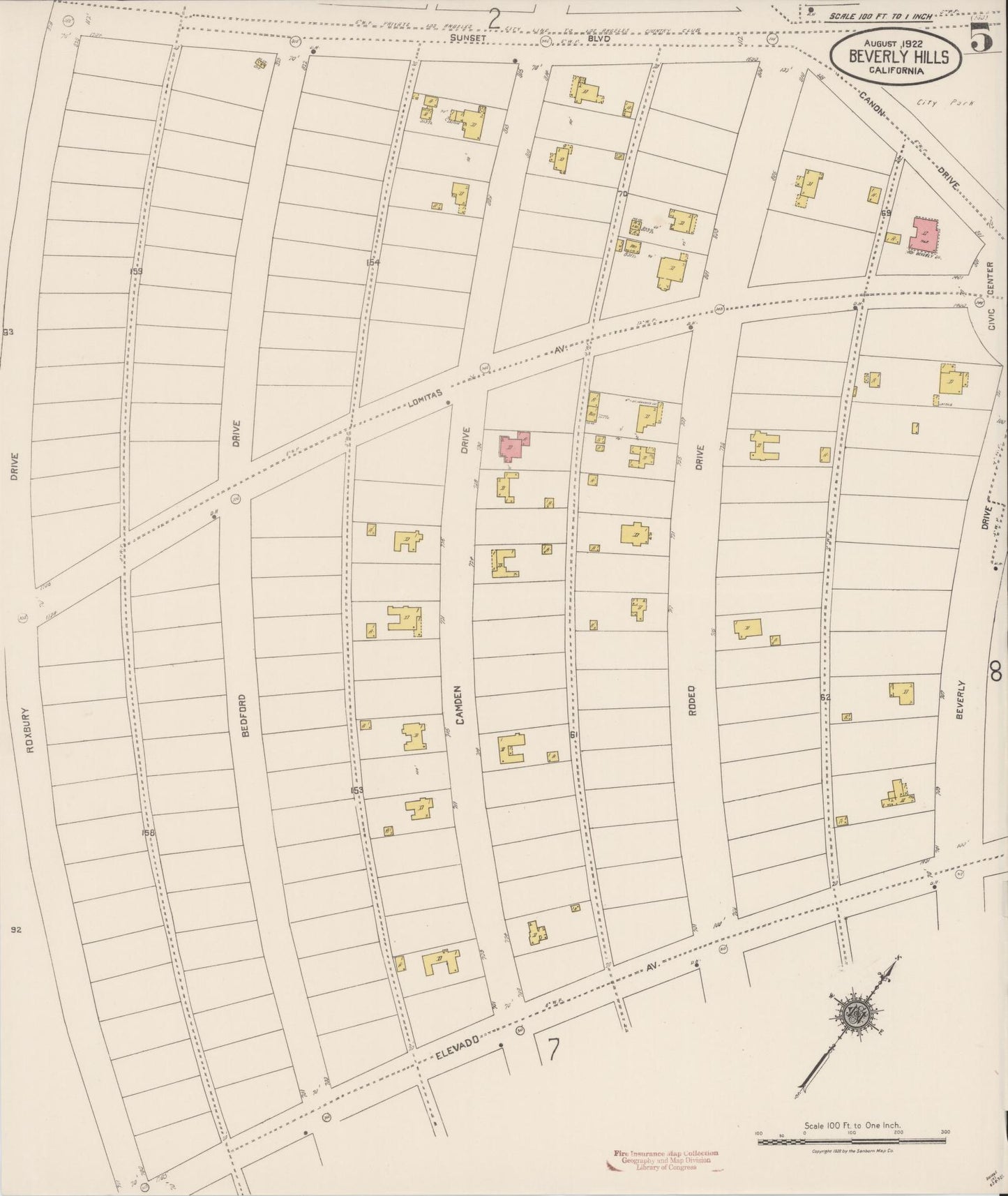 Sanborn Fire Insurance Map from Beverly Hills, Los Angeles County, California (1922), Sheet #0005 - Historic Sanborn Fire Insurance Map Print, vintage old map wall art, antique decor, genealogy gift, California California map
