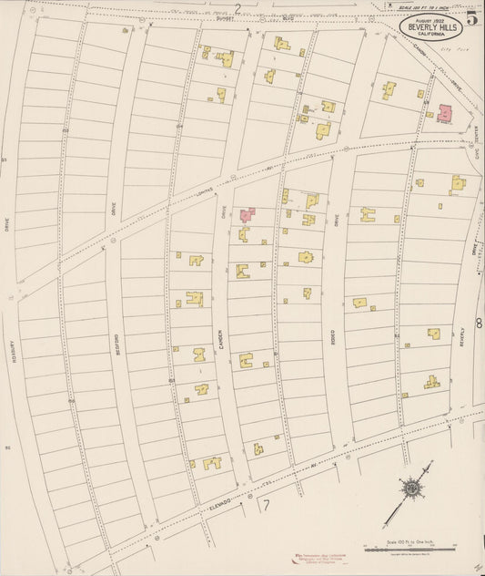 Sanborn Fire Insurance Map from Beverly Hills, Los Angeles County, California (1922), Sheet #0005 - Historic Sanborn Fire Insurance Map Print, vintage old map wall art, antique decor, genealogy gift, California California map