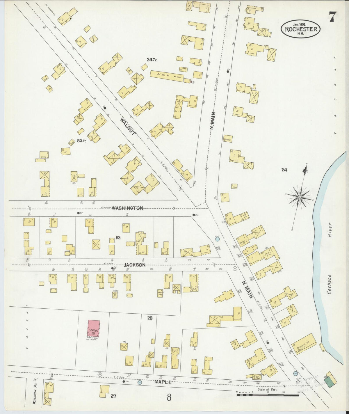 Sanborn Fire Insurance Map from Rochester, Strafford County, New Hampshire (1902), Sheet #0007 - Historic Sanborn Fire Insurance Map Print, vintage old map wall art, antique decor, genealogy gift, New Hampshire New Hampshire map