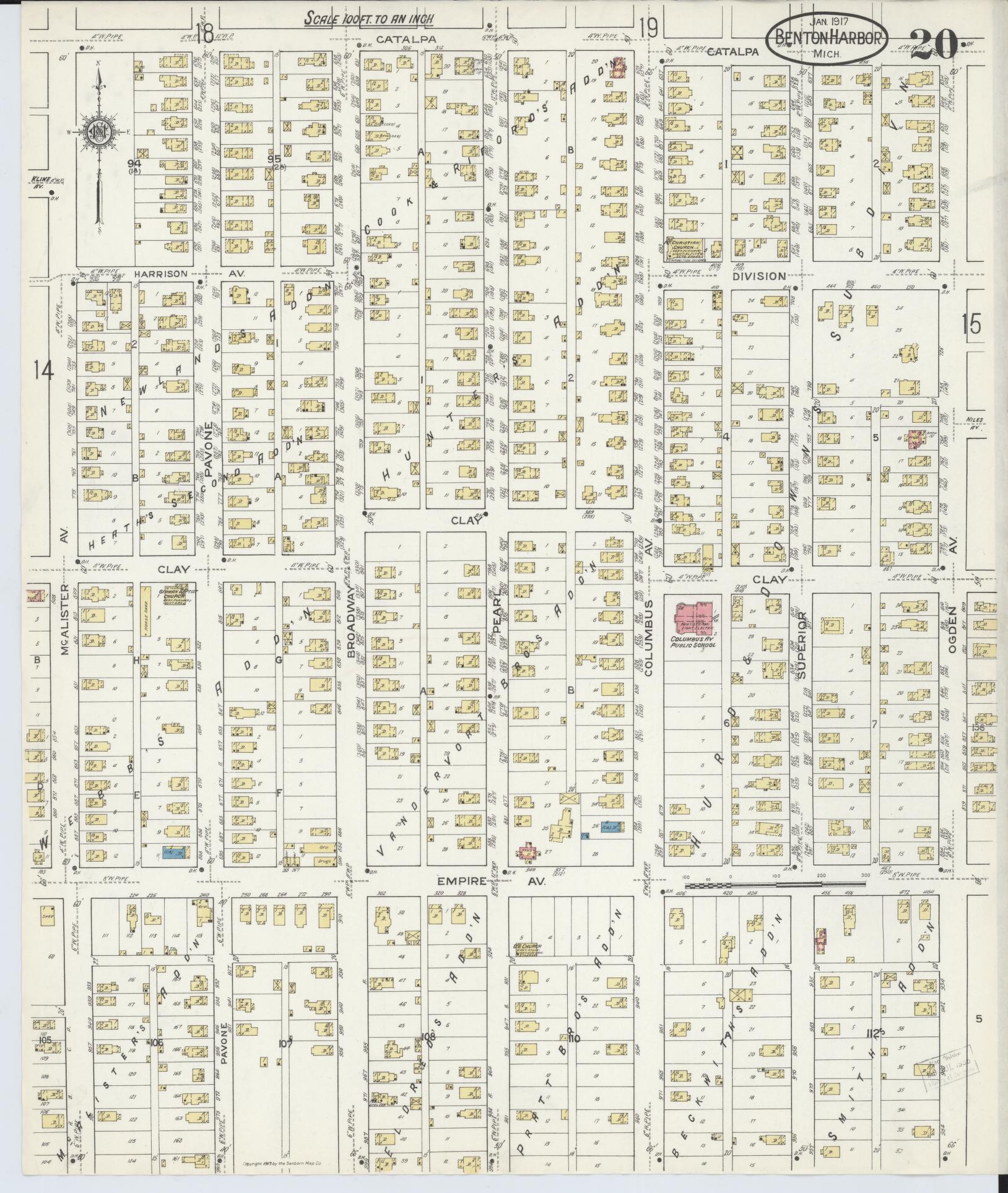 Sanborn Fire Insurance Map from Benton Harbor, Berrien County, Michigan (1917), Sheet #0020 - Historic Sanborn Fire Insurance Map Print, vintage old map wall art, antique decor, genealogy gift, Michigan Michigan map