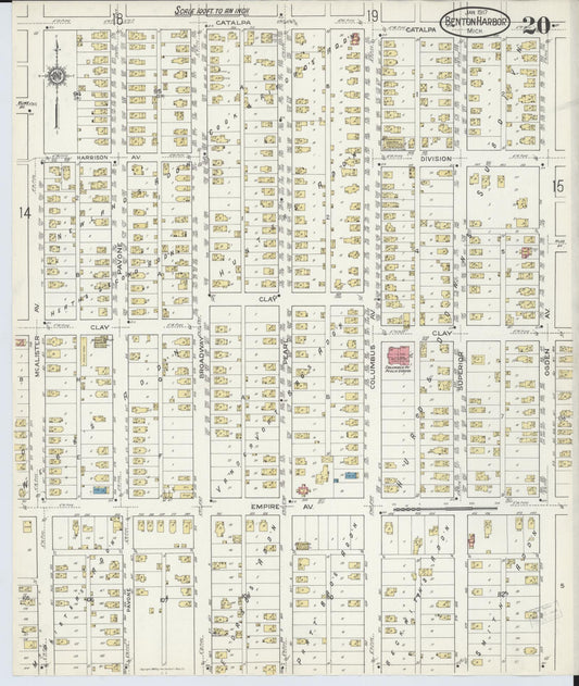 Sanborn Fire Insurance Map from Benton Harbor, Berrien County, Michigan (1917), Sheet #0020 - Historic Sanborn Fire Insurance Map Print, vintage old map wall art, antique decor, genealogy gift, Michigan Michigan map
