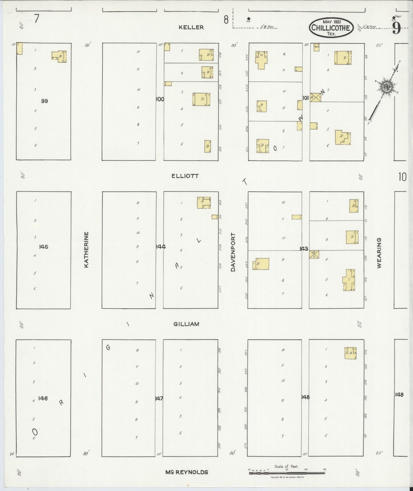 Sanborn Fire Insurance Map from Chillicothe, Hardeman County, Texas (1921), Sheet #0009 - Historic Sanborn Fire Insurance Map Print, vintage old map wall art, antique decor, genealogy gift, Texas Texas map