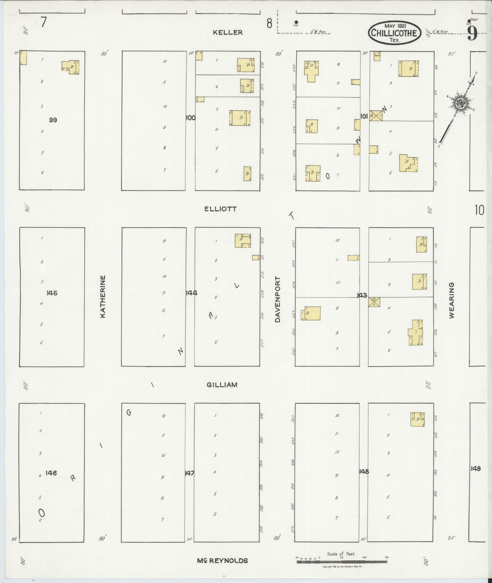 Sanborn Fire Insurance Map from Chillicothe, Hardeman County, Texas (1921), Sheet #0009 - Historic Sanborn Fire Insurance Map Print, vintage old map wall art, antique decor, genealogy gift, Texas Texas map