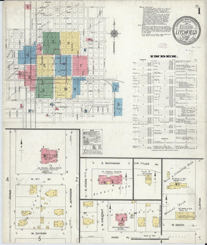 Sanborn Fire Insurance Map from Litchfield, Montgomery County, Illinois (1910), Sheet #0001 - Complete Map Set gallery image, historic Sanborn map, vintage wall art, Illinois Illinois