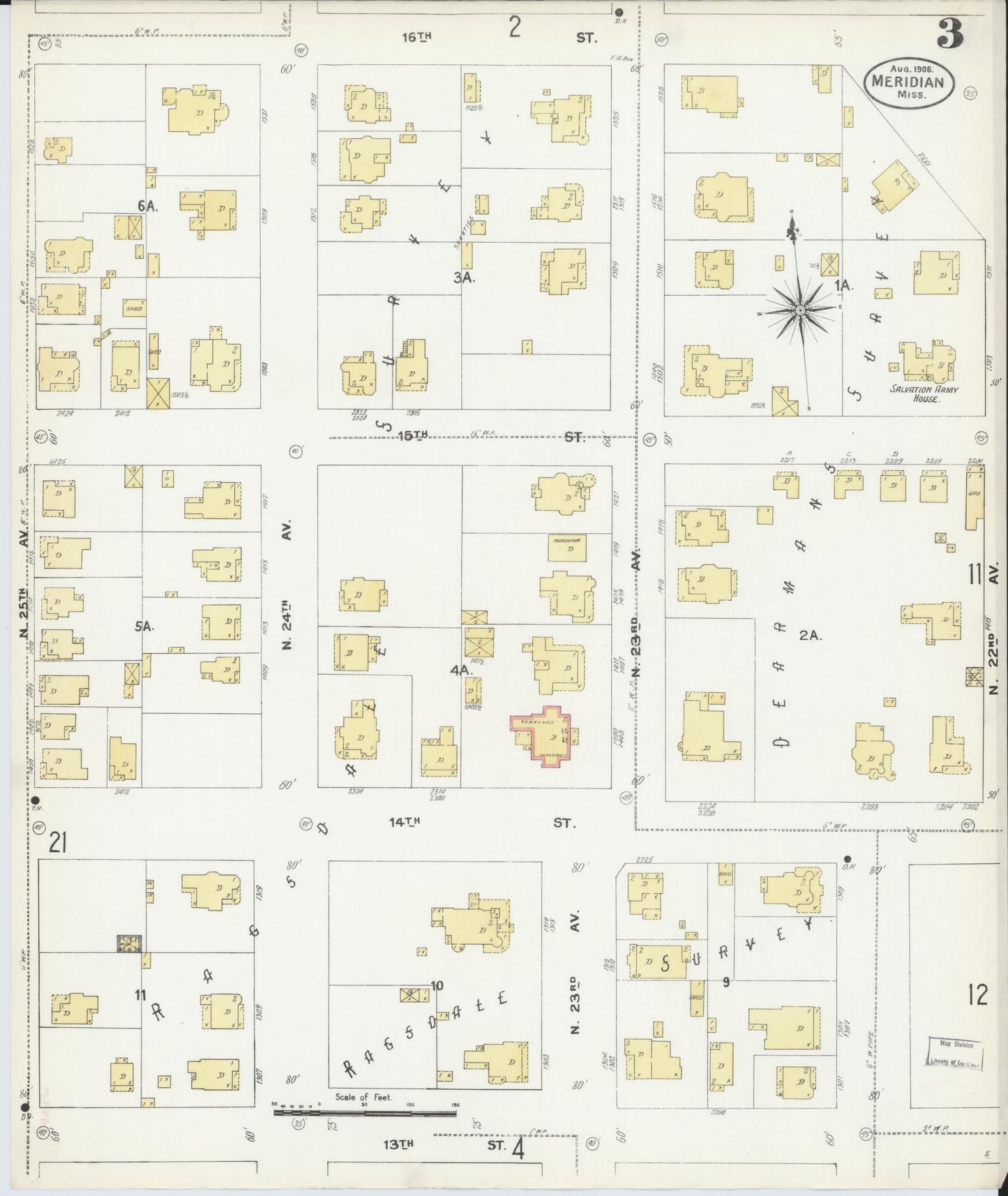 Sanborn Fire Insurance Map from Meridian, Lauderdale County, Mississippi (1906), Sheet #0003 - Complete Map Set gallery image, historic Sanborn map, vintage wall art, Mississippi Mississippi