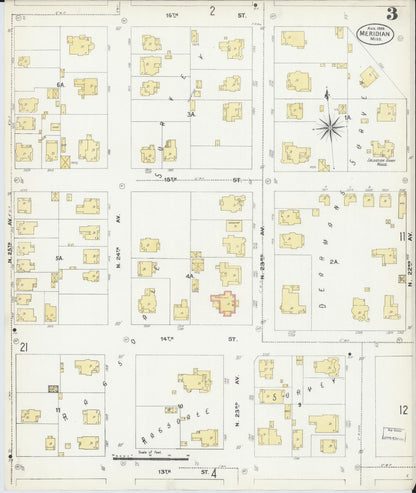 Sanborn Fire Insurance Map from Meridian, Lauderdale County, Mississippi (1906), Sheet #0003 - Complete Map Set gallery image, historic Sanborn map, vintage wall art, Mississippi Mississippi