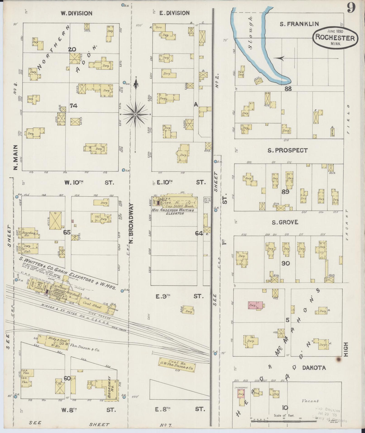 Sanborn Fire Insurance Map from Rochester, Olmsted County, Minnesota (1890), Sheet #0009 - Historic Sanborn Fire Insurance Map Print, vintage old map wall art, antique decor, genealogy gift, Minnesota Minnesota map