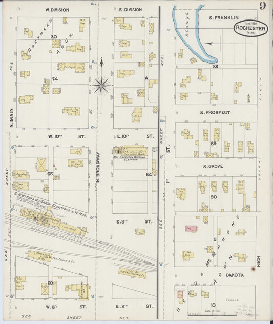 Sanborn Fire Insurance Map from Rochester, Olmsted County, Minnesota (1890), Sheet #0009 - Historic Sanborn Fire Insurance Map Print, vintage old map wall art, antique decor, genealogy gift, Minnesota Minnesota map
