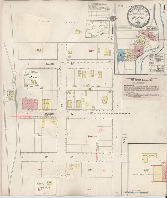 Sanborn Fire Insurance Map from Woodland, Cowlitz County, Washington (1943), Sheet #0001 - Historic Sanborn Fire Insurance Map Print, vintage old map wall art, antique decor, genealogy gift, Washington Washington map