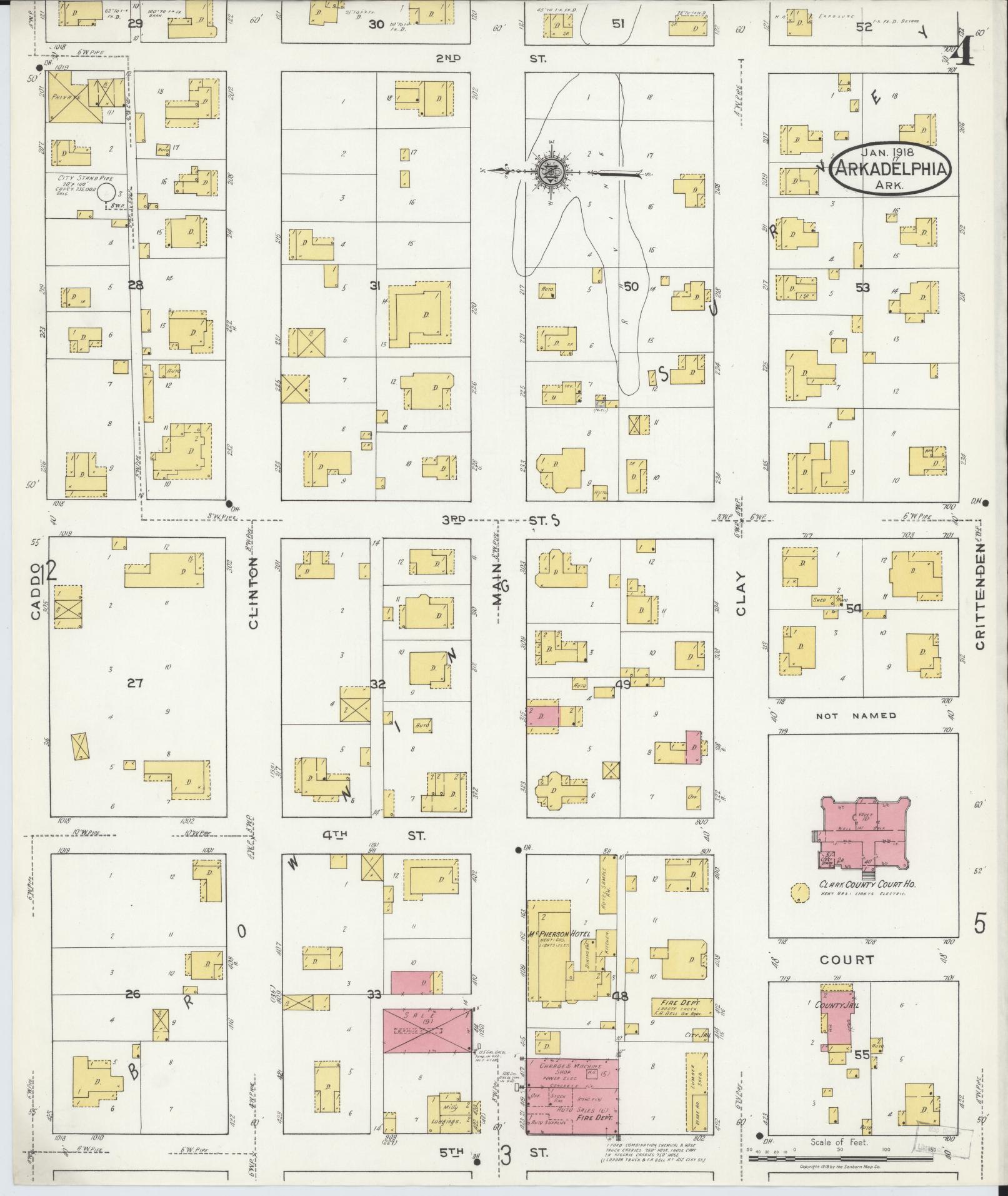 Sanborn Fire Insurance Map from Arkadelphia, Clark County, Arkansas (1918), Sheet #0004 - Complete Map Set gallery image, historic Sanborn map, vintage wall art, Arkansas Arkansas