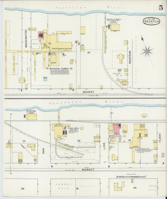 Sanborn Fire Insurance Map from Decatur, Morgan County, Alabama (1894), Sheet #0005 - Historic Sanborn Fire Insurance Map Print, vintage old map wall art, antique decor, genealogy gift, Alabama Alabama map