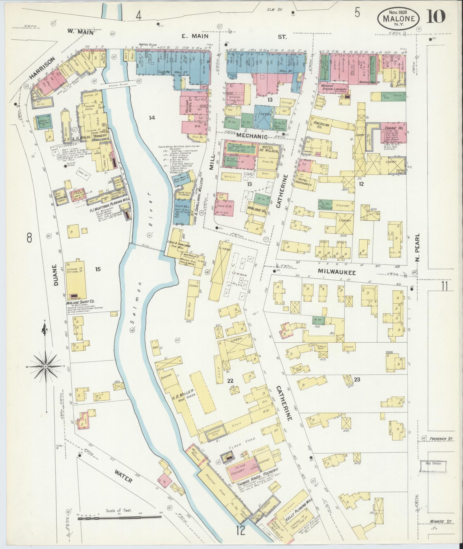 Sanborn Fire Insurance Map from Malone, Franklin County, New York (1908), Sheet #0010 - Historic Sanborn Fire Insurance Map Print, vintage old map wall art, antique decor, genealogy gift, New York New York map