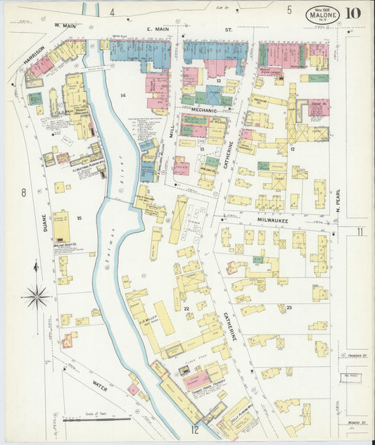 Sanborn Fire Insurance Map from Malone, Franklin County, New York (1908), Sheet #0010 - Historic Sanborn Fire Insurance Map Print, vintage old map wall art, antique decor, genealogy gift, New York New York map