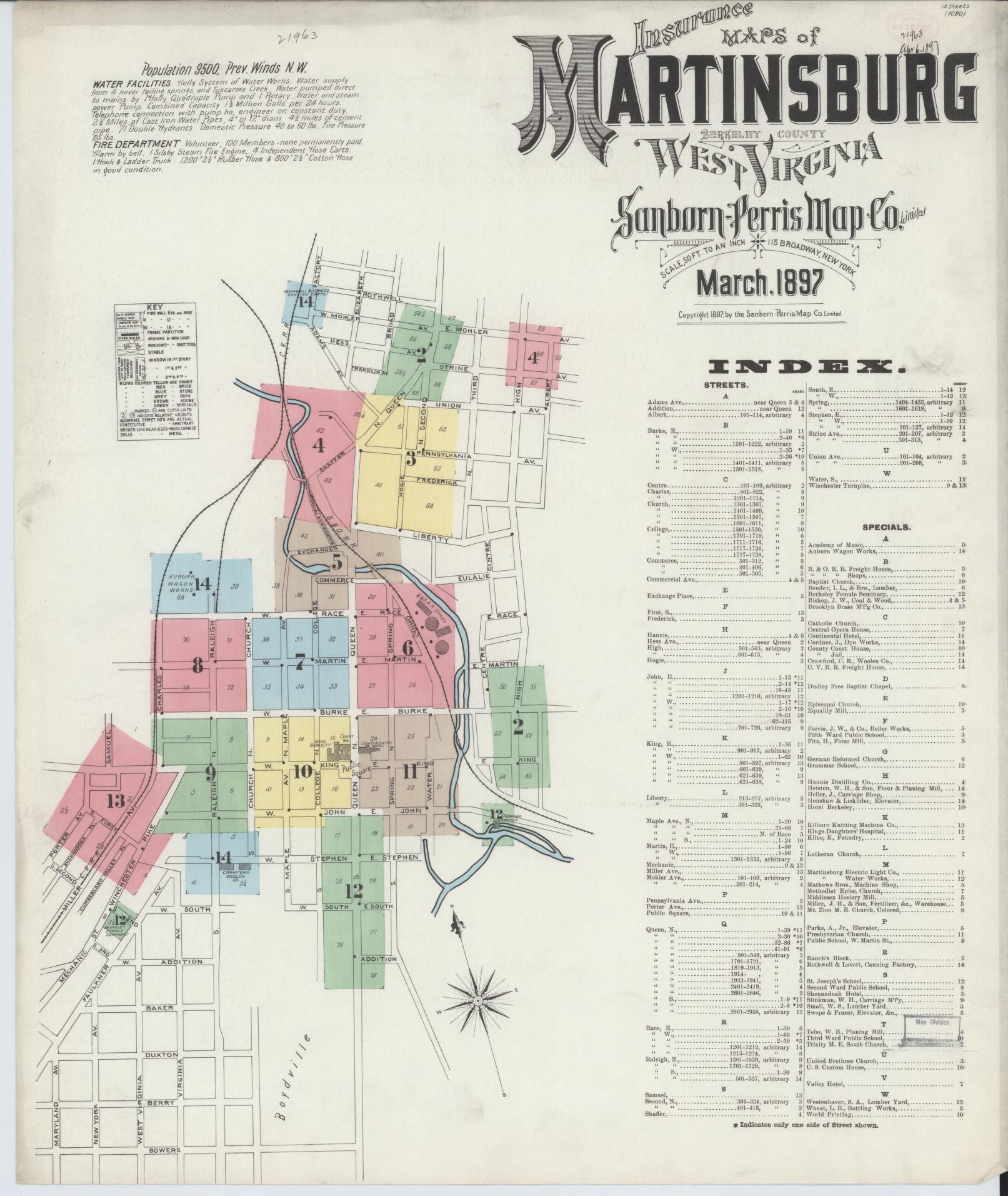 Sanborn Fire Insurance Map from Martinsburg, Berkeley County, West Virginia (1897), Sheet #0001 - Complete Map Set gallery image, historic Sanborn map, vintage wall art, West Virginia West Virginia