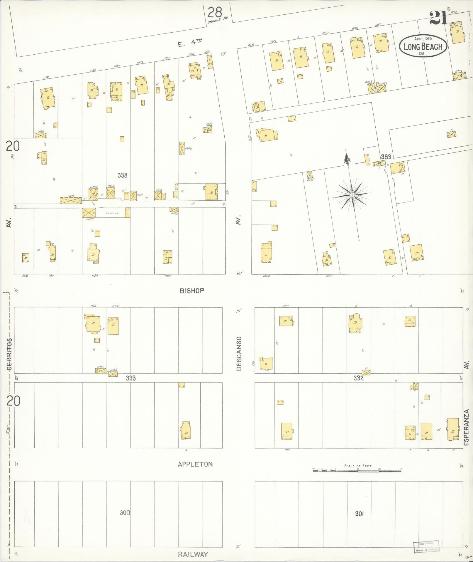 Sanborn Fire Insurance Map from Long Beach, Los Angeles County, California (1905), Sheet #0021 - Historic Sanborn Fire Insurance Map Print, vintage old map wall art, antique decor, genealogy gift, California California map