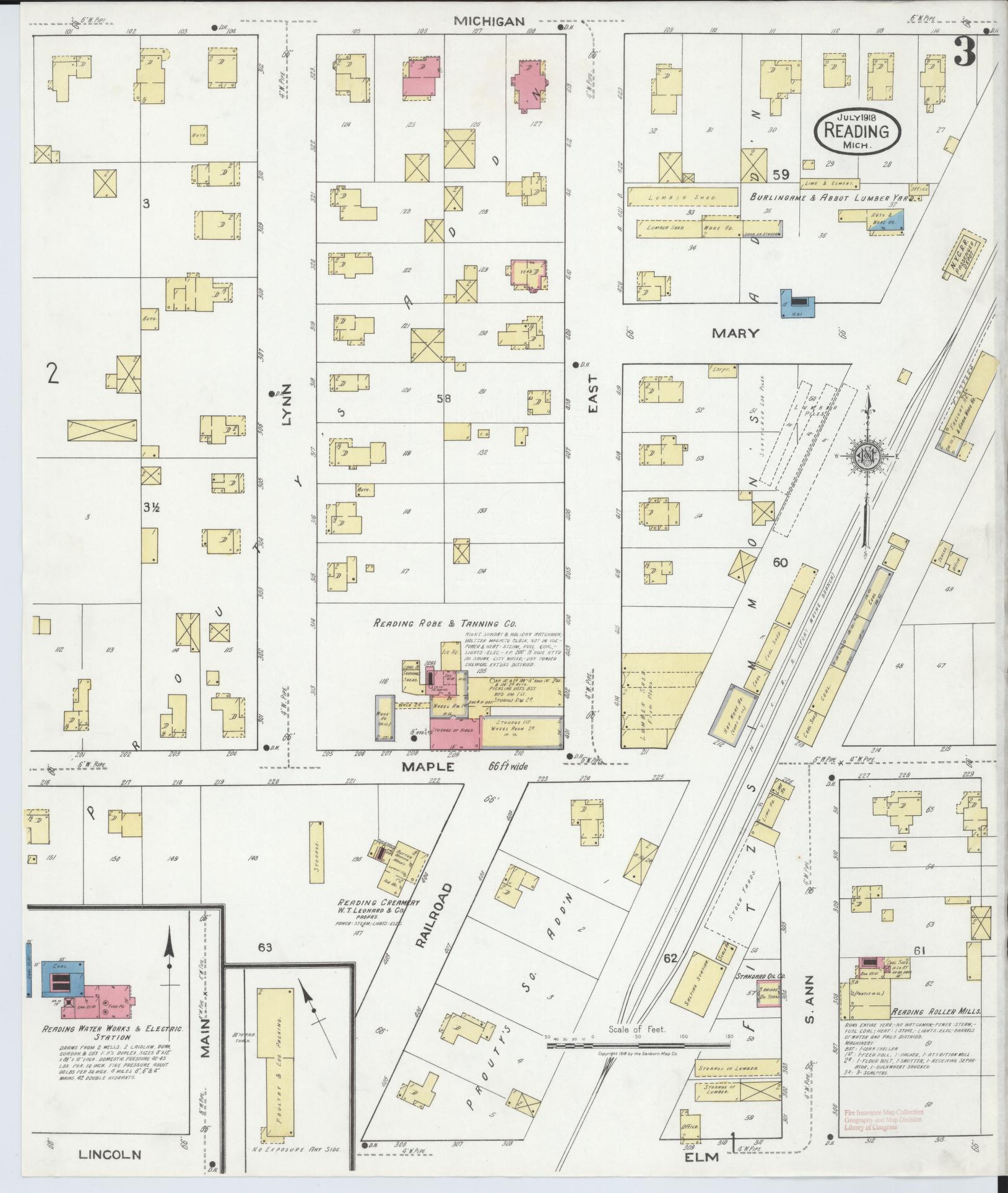 Sanborn Fire Insurance Map from Reading, Hillsdale County, Michigan (1918), Sheet #0003 - Complete Map Set gallery image, historic Sanborn map, vintage wall art, Michigan Michigan