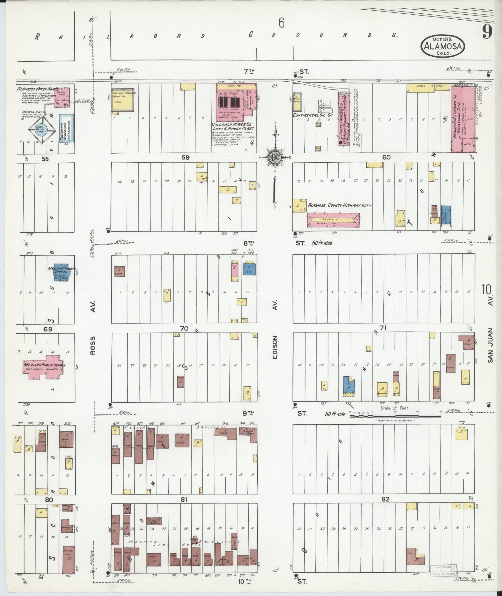 Sanborn Fire Insurance Map from Alamosa, Alamosa County, Colorado (1919), Sheet #0009 - Historic Sanborn Fire Insurance Map Print, vintage old map wall art, antique decor, genealogy gift, Colorado Colorado map