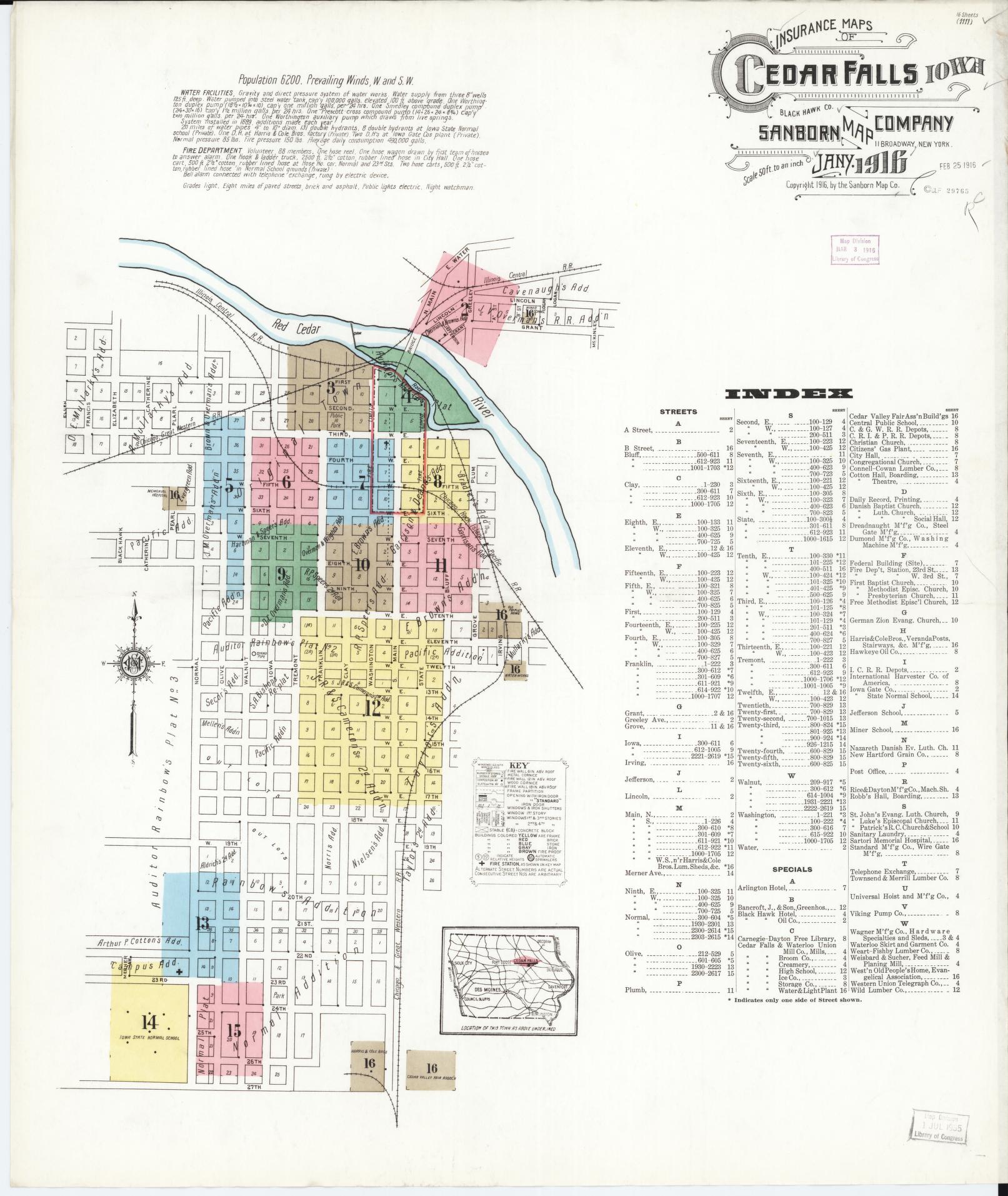 Sanborn Fire Insurance Map from Cedar Falls, Black Hawk County, Iowa (1916), Sheet #0001 - Historic Sanborn Fire Insurance Map Print, vintage old map wall art