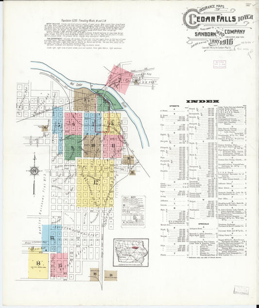 Sanborn Fire Insurance Map from Cedar Falls, Black Hawk County, Iowa (1916), Sheet #0001 - Historic Sanborn Fire Insurance Map Print, vintage old map wall art