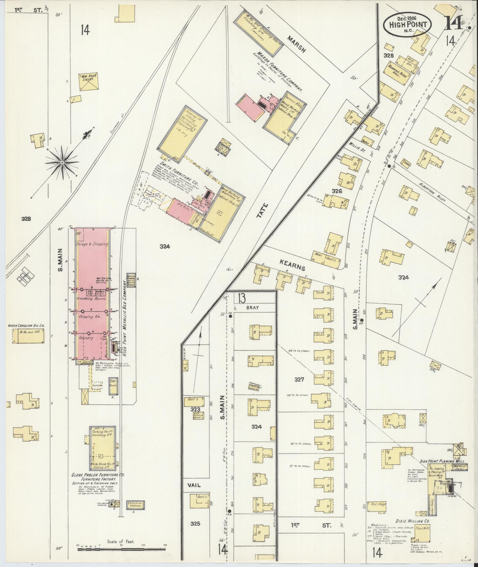 Sanborn Fire Insurance Map from High Point, Guilford County, North Carolina (1906), Sheet #0014 - Complete Map Set gallery image, historic Sanborn map, vintage wall art, North Carolina North Carolina