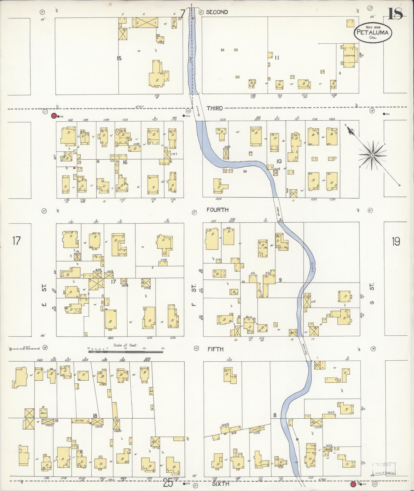 Sanborn Fire Insurance Map from Petaluma, Sonoma County, California (1906), Sheet #0018 - Complete Map Set gallery image, historic Sanborn map, vintage wall art, California California