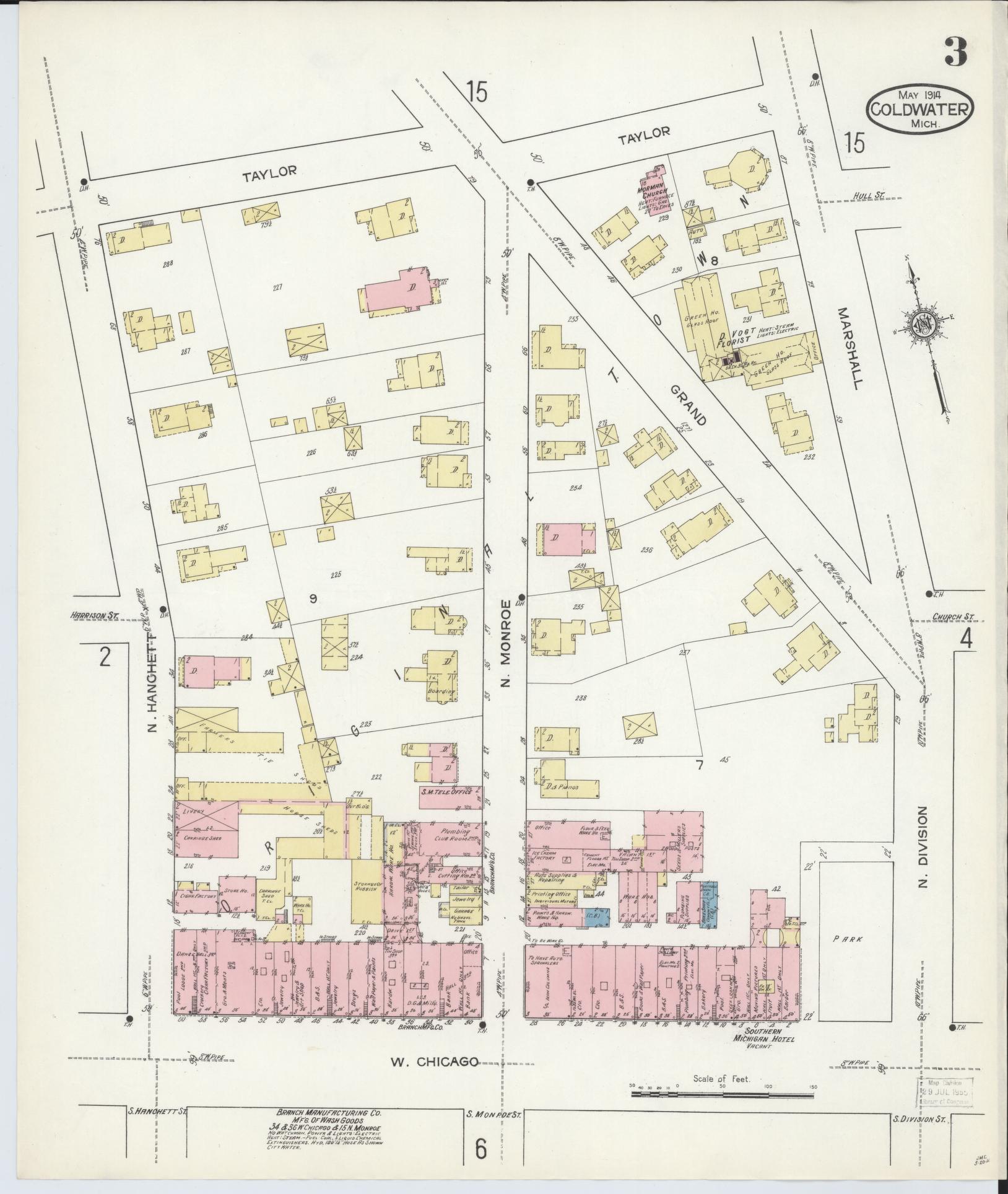 Sanborn Fire Insurance Map from Coldwater, Branch County, Michigan (1914), Sheet #0003 - Complete Map Set gallery image, historic Sanborn map, vintage wall art, Michigan Michigan