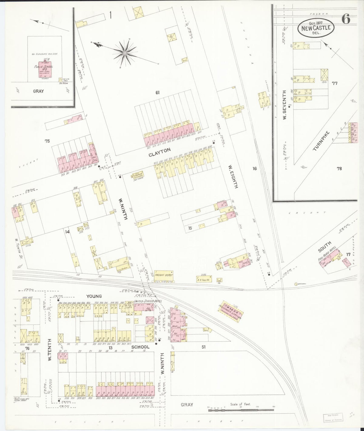 Sanborn Fire Insurance Map from New Castle, New Castle County, Delaware (1907), Sheet #0006 - Historic Sanborn Fire Insurance Map Print, vintage old map wall art, antique decor, genealogy gift, Delaware Delaware map