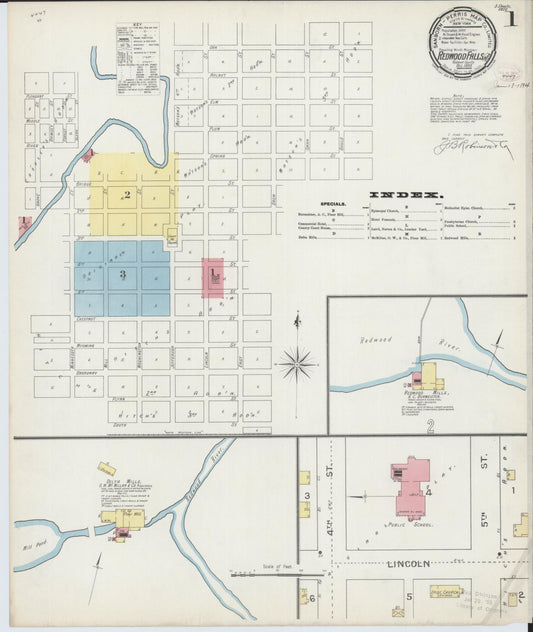 Sanborn Fire Insurance Map from Redwood Falls, Redwood County, Minnesota (1893), Sheet #0001 - Historic Sanborn Fire Insurance Map Print, vintage old map wall art, antique decor, genealogy gift, Minnesota Minnesota map