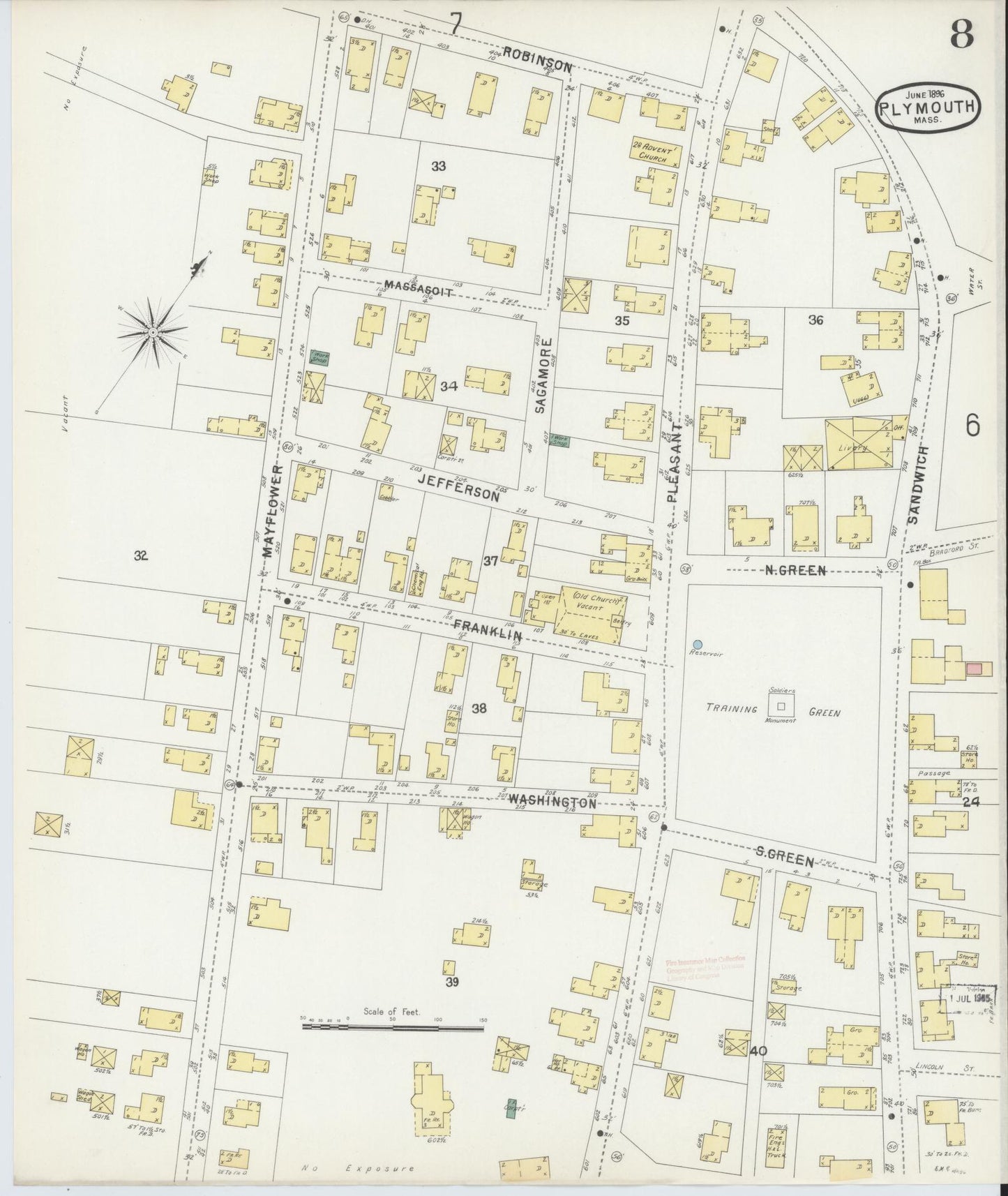 Sanborn Fire Insurance Map from Plymouth, Plymouth County, Massachusetts (1896), Sheet #0008 - Historic Sanborn Fire Insurance Map Print, vintage old map wall art, antique decor, genealogy gift, Massachusetts Massachusetts map