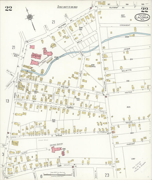 Sanborn Fire Insurance Map from Laconia, Belknap County, New Hampshire (1923), Sheet #0022 - Historic Sanborn Fire Insurance Map Print, vintage old map wall art, antique decor, genealogy gift, New Hampshire New Hampshire map
