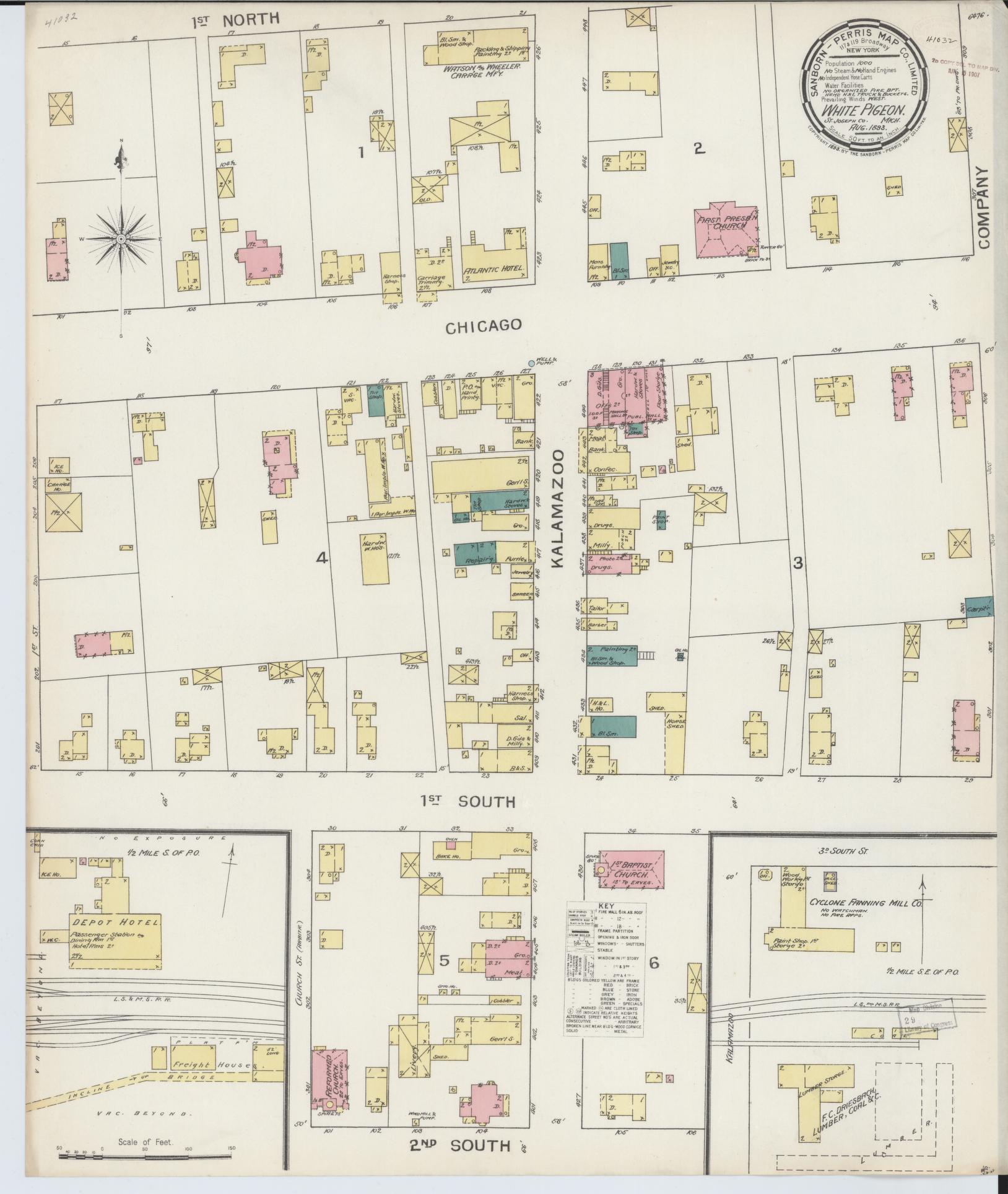 Sanborn Fire Insurance Map from White Pigeon, Saint Joseph County, Michigan (1893), Sheet #0001 - Historic Sanborn Fire Insurance Map Print, vintage old map wall art, antique decor, genealogy gift, Michigan Michigan map