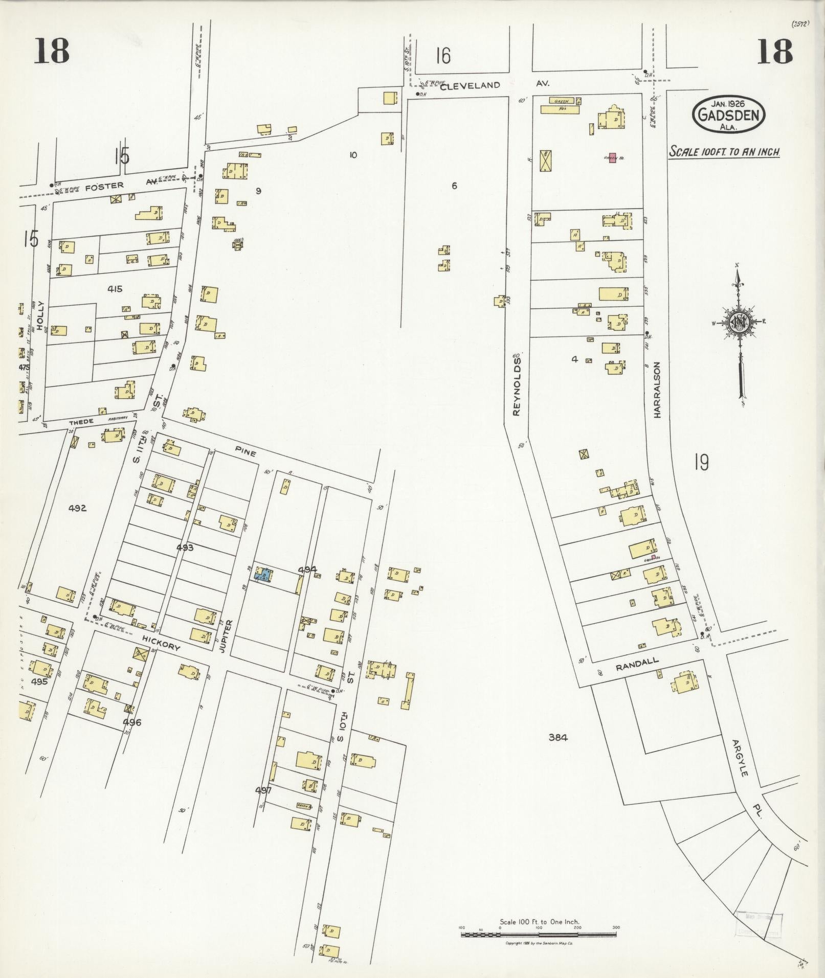 Sanborn Fire Insurance Map from Gadsden, Etowah County, Alabama (1926), Sheet #0018 - Complete Map Set gallery image, historic Sanborn map, vintage wall art, Alabama Alabama