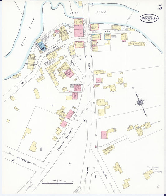 Sanborn Fire Insurance Map from Middlebury, Addison County, Vermont (1910), Sheet #0005 - Historic Sanborn Fire Insurance Map Print, vintage old map wall art, antique decor, genealogy gift, Vermont Vermont map