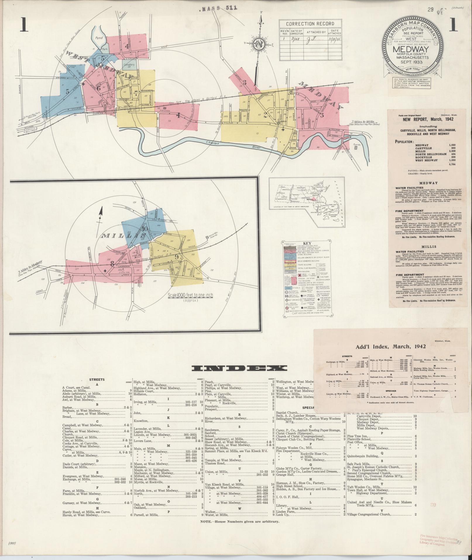 Sanborn Fire Insurance Map from Medway, Norfolk County, Massachusetts (1942), Sheet #0001 - Historic Sanborn Fire Insurance Map Print, vintage old map wall art, antique decor, genealogy gift, Massachusetts Massachusetts map