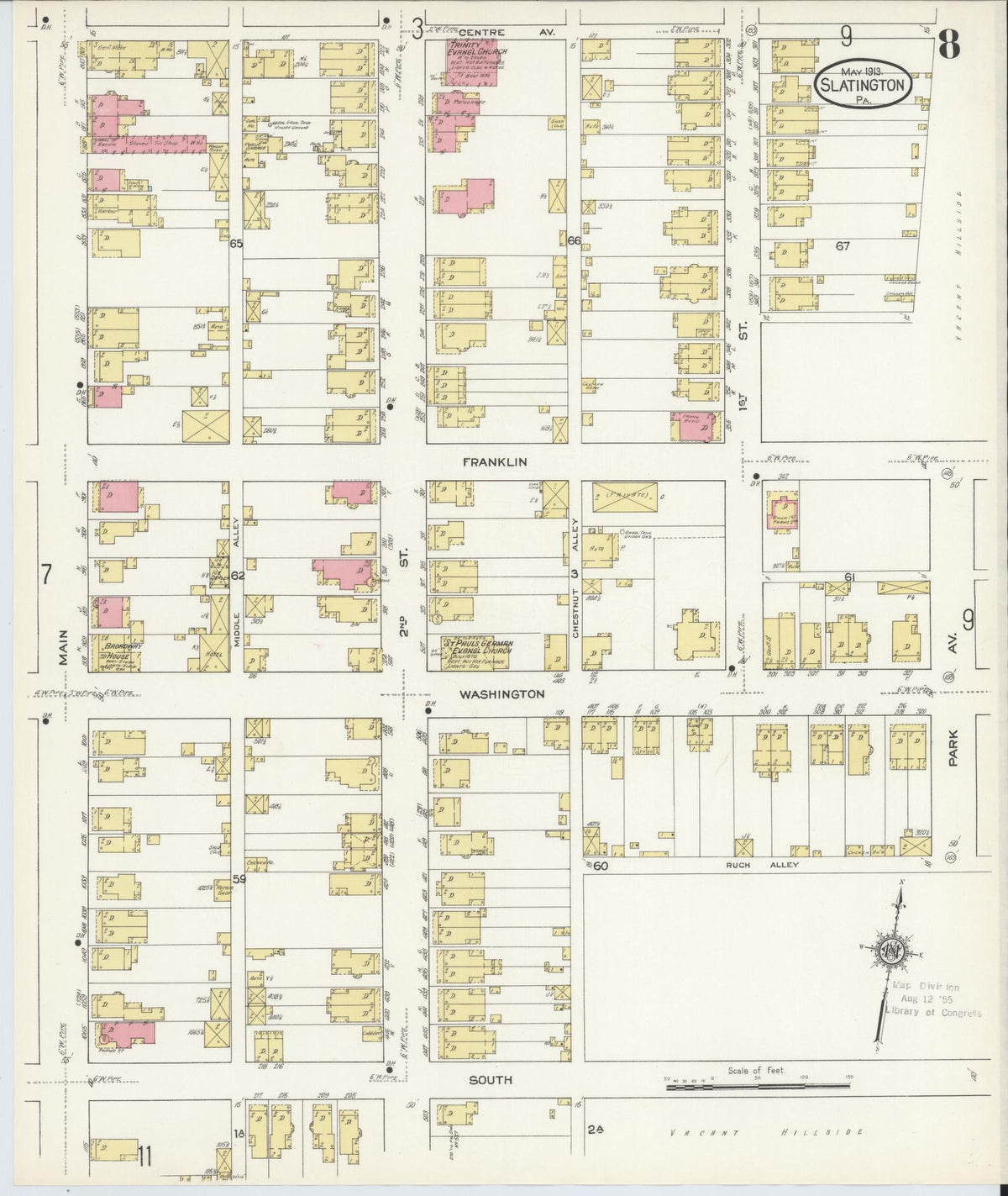 Sanborn Fire Insurance Map from Slatington, Lehigh County, Pennsylvania (1913), Sheet #0008 - Historic Sanborn Fire Insurance Map Print, vintage old map wall art, antique decor, genealogy gift, Pennsylvania Pennsylvania map