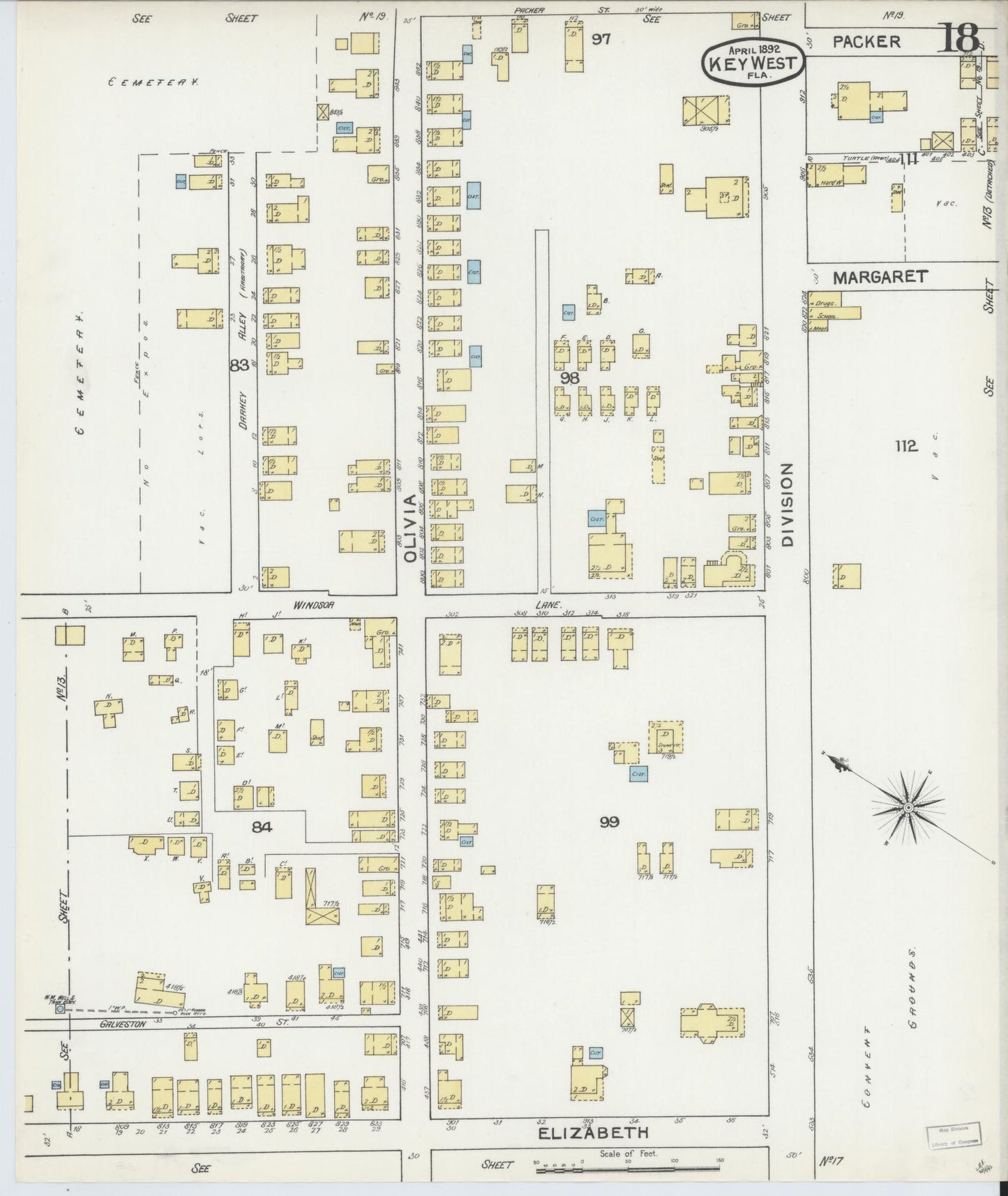 Sanborn Fire Insurance Map from Key West, Monroe County, Florida (1892), Sheet #0018 - Complete Map Set gallery image, historic Sanborn map, vintage wall art, Florida Florida