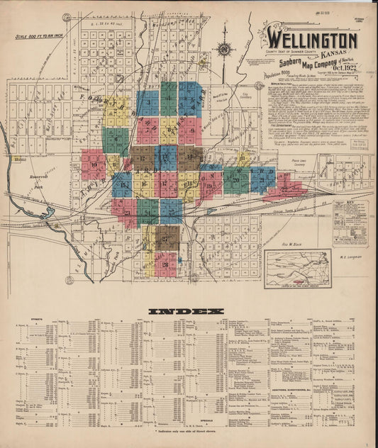 Sanborn Fire Insurance Map from Wellington, Sumner County, Kansas (1922), Sheet #0001 - Historic Sanborn Fire Insurance Map Print, vintage old map wall art, antique decor, genealogy gift, Kansas Kansas map