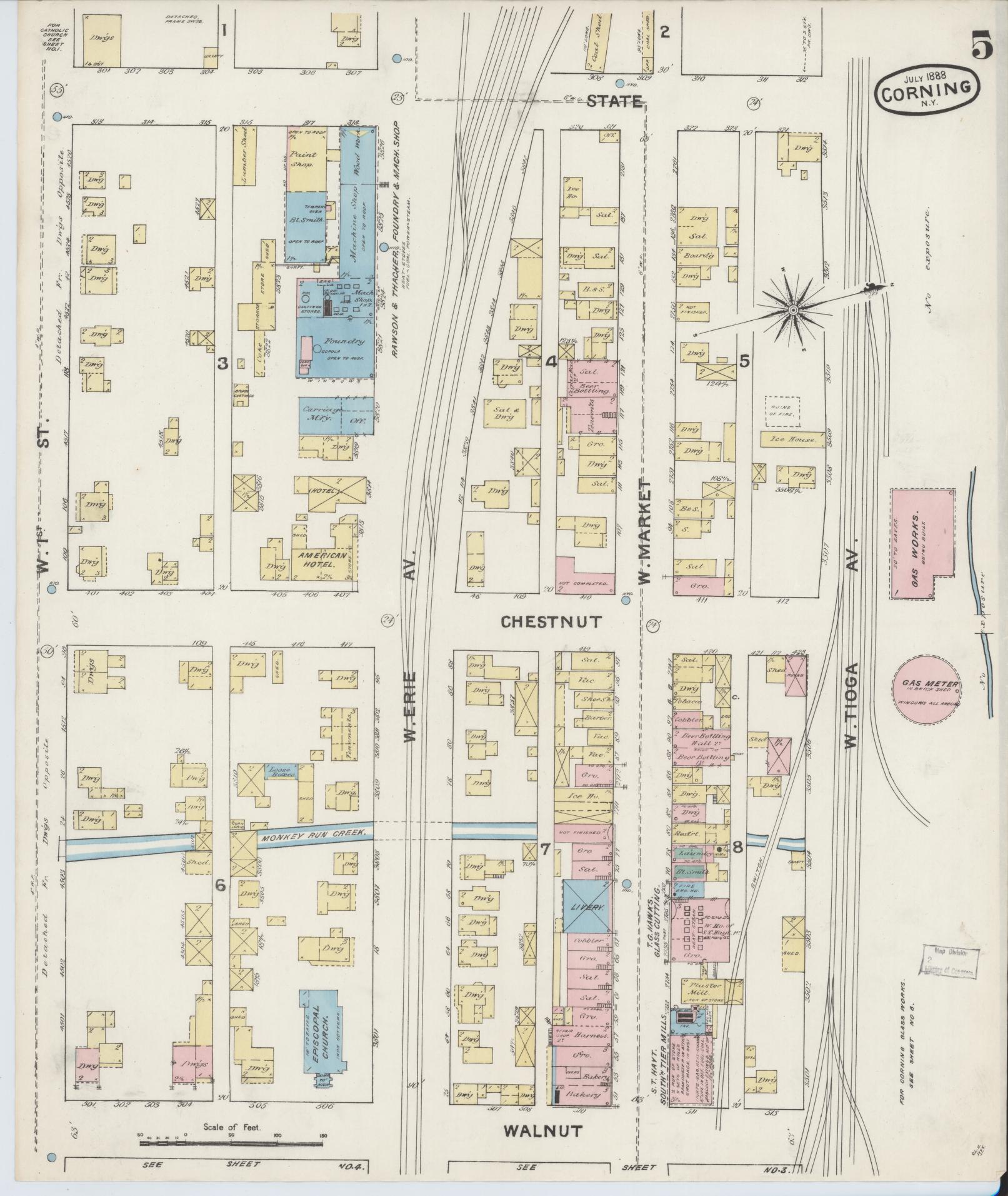Sanborn Fire Insurance Map from Corning, Steuben County, New York (1888), Sheet #0005 - Historic Sanborn Fire Insurance Map Print, vintage old map wall art, antique decor, genealogy gift, New York New York map