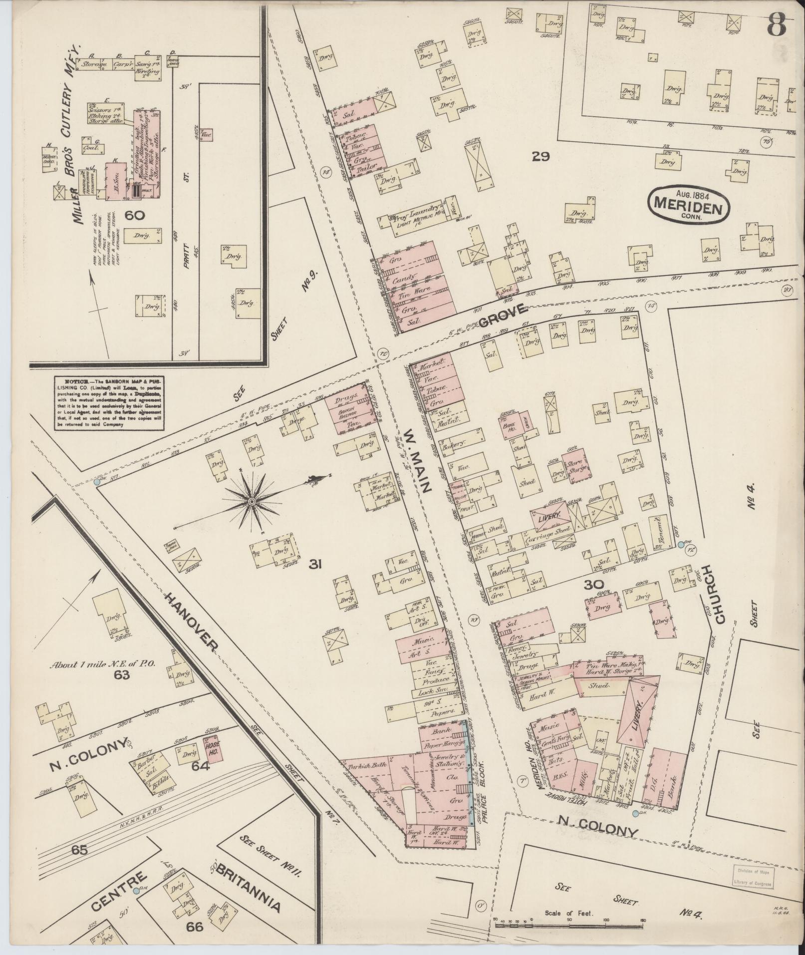 Sanborn Fire Insurance Map from Meriden, New Haven County, Connecticut (1884), Sheet #0008 - Historic Sanborn Fire Insurance Map Print, vintage old map wall art, antique decor, genealogy gift, Connecticut Connecticut map