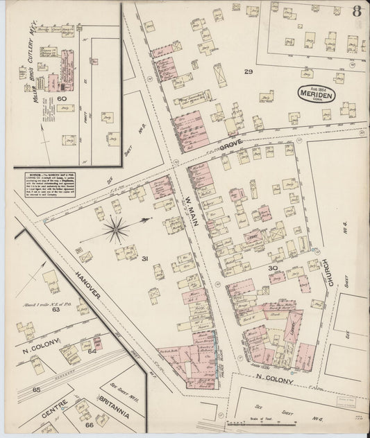 Sanborn Fire Insurance Map from Meriden, New Haven County, Connecticut (1884), Sheet #0008 - Historic Sanborn Fire Insurance Map Print, vintage old map wall art, antique decor, genealogy gift, Connecticut Connecticut map