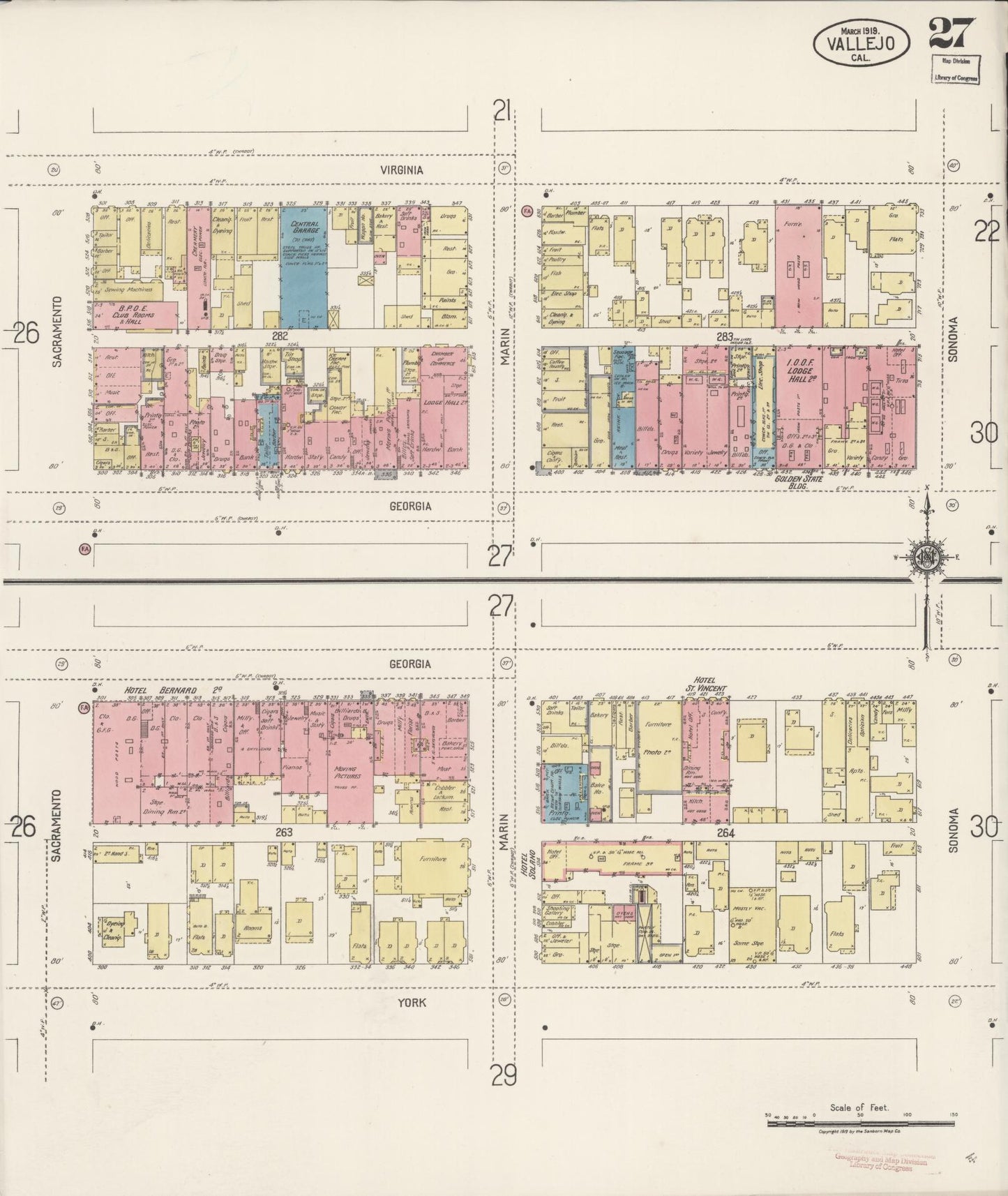 Sanborn Fire Insurance Map from Vallejo, Solano County, California (1919), Sheet #0027 - Complete Map Set gallery image, historic Sanborn map, vintage wall art, California California