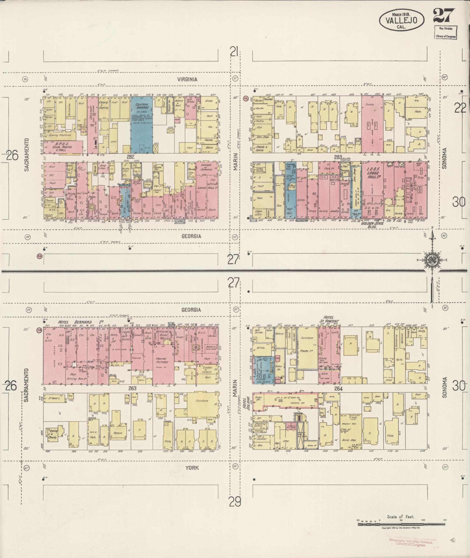 Sanborn Fire Insurance Map from Vallejo, Solano County, California (1919), Sheet #0027 - Complete Map Set gallery image, historic Sanborn map, vintage wall art, California California