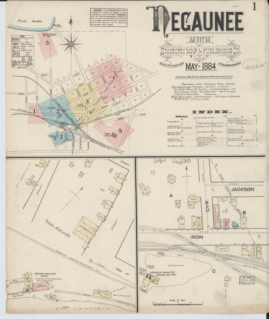 Sanborn Fire Insurance Map from Negaunee, Marquette County, Michigan (1884), Sheet #0001 - Historic Sanborn Fire Insurance Map Print, vintage old map wall art, antique decor, genealogy gift, Michigan Michigan map