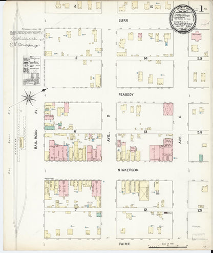 Sanborn Fire Insurance Map from Nickerson, Reno County, Kansas (1891), Sheet #0001 - Complete Map Set gallery image, historic Sanborn map, vintage wall art, Kansas Kansas
